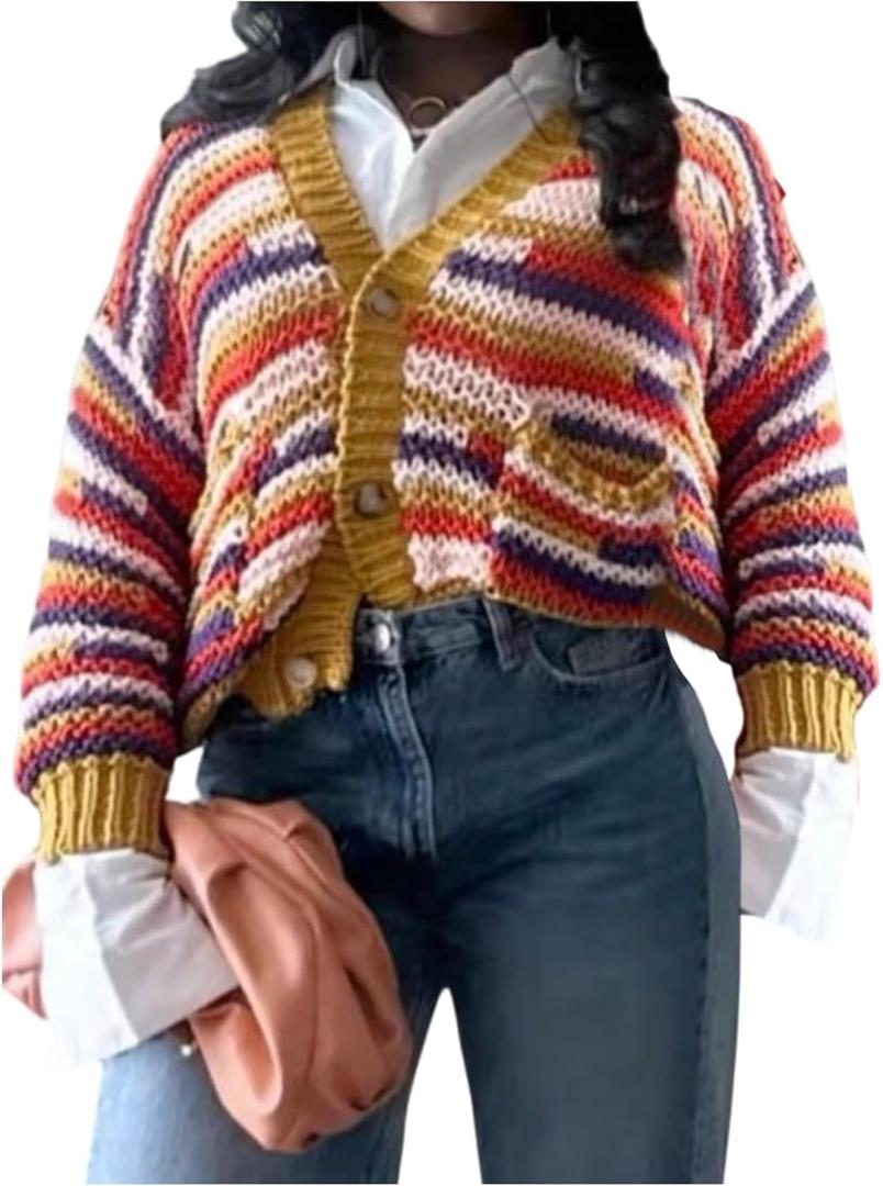RoseSeek Women's Striped Color Block Sweaters Button Down Long Sleeve Cardigans Crop Tops (S)