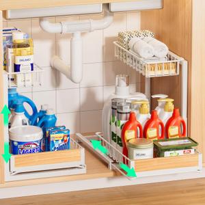 Delamu 2 Pack Under Sink Organizer and Storage, Height Adjustable Under Kitchen Sink Organizer, 2 Tier Pull Out Under Cabinet Organizer, White Under Counter Storage for Kitchen Bathroom