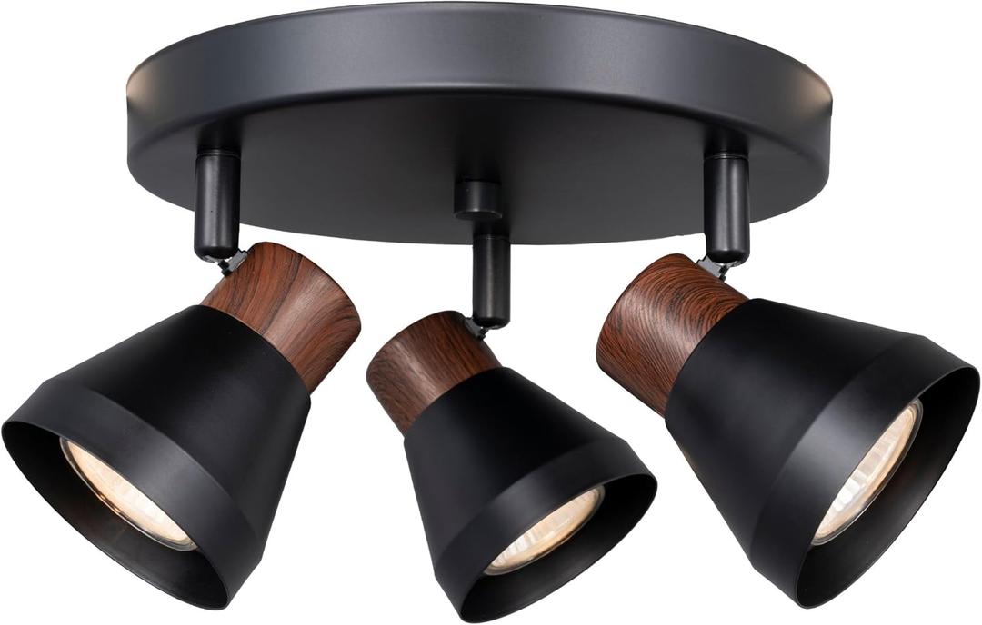 3-Light Modern Track Lighting Kit Black Faux Wood Accent,Adjustable GU10 Flush Mount Ceiling Fixture Pivot Multi-Directional Round Spotlight for Kitchen Bedroom Living Room Home Improvement