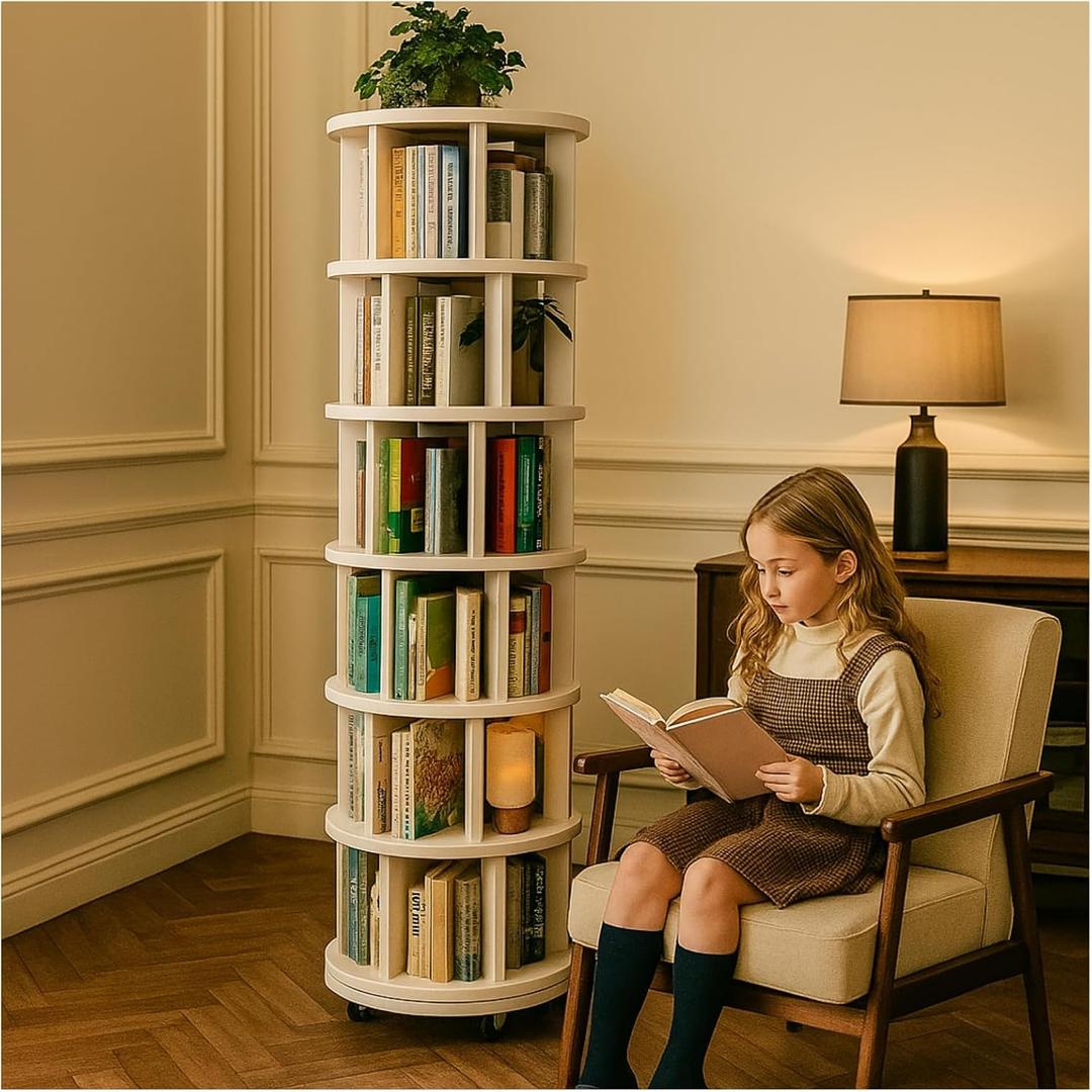 Solid Wood Revolving Bookcase with Wheels, Solid Wood 6-Tier Round Bookshelf, 360° Wooden Rotating Book Tower, Narrow Rolling Vertical Display Storage Rack (White, 6 Tier, 78" H)