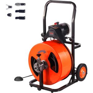 VEVOR 100FT x 3/4 Inch Drain Cleaning Machine Sewer Auger Auto Feed with 4 Cutter & Air-activated Foot Switch for 4" to 8" Pipes, Orange, Black