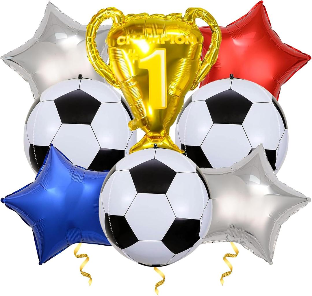 2 x 4D Soccer Party Balloons, Championship Trophy Balloon, First Prize Soccer Party Decorations, World Cup Sport Theme Birthday Party Balloons (Red Blue White), 8.8 inches x 9.7 inches x 0.6 inches