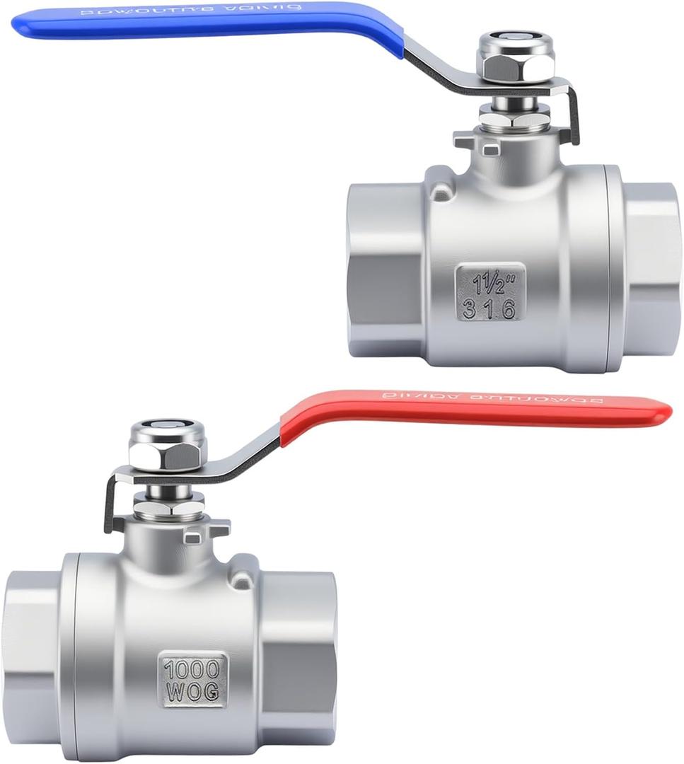 1-1/2'' Full Port Ball Valve, NPT Female 316 Stainless Steel Heavy Duty Ball Valve for Water, Oil and Gas with Handle WOG1000 (2PCS)
