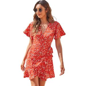 Women's Sexy V Neck Wrap Tie Knot Front Ruffle Mini Dress Belt Flare Sleeve Floral Flowy Swing Beach Sundresses, Size S
