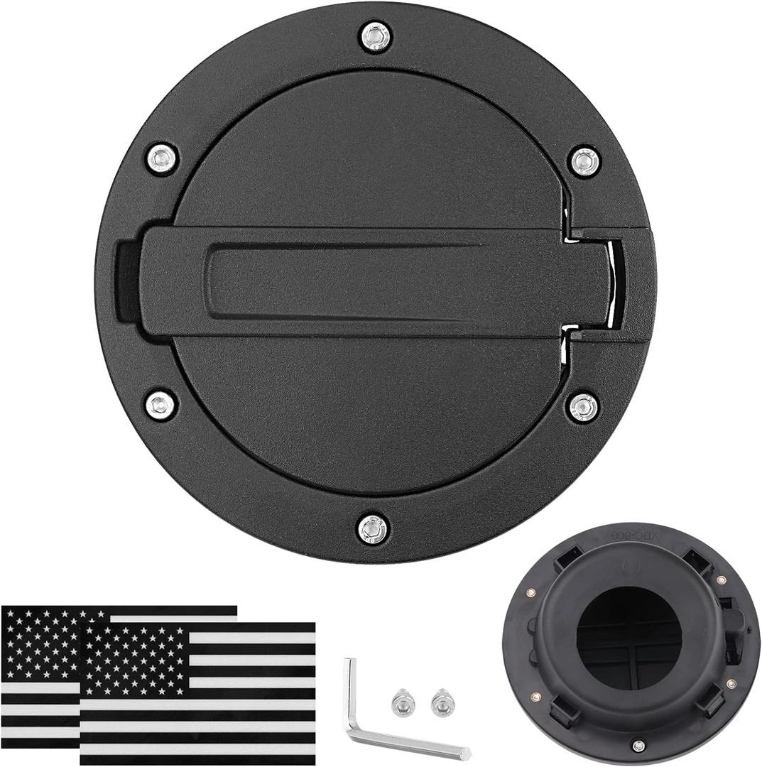 Fuel Filler Door Cap Black Gas Cover Cap Compatible with Jeep Wrangler 2007-2017 JK & Unlimited 2 door and 4 door + US Flag stickers cross bar AccessoriesAluminum+ABS Accessories
