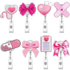 XunYee 8 Pack Pink Bow Nurse Badge Reels Cute Doctor Retractable ID Card Nursing Medical Reels Badge Holder Clip Gifts for RN LPN CNA Nurse Student Teacher Medical Worker Women Office Appreciation
