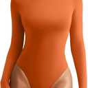 REORIA Women's Crew Neck Long Sleeve Bodysuits Basic Slim Fit Comfy Lightweight Layering Top Fall Winter Outfits (Medium, Orange)