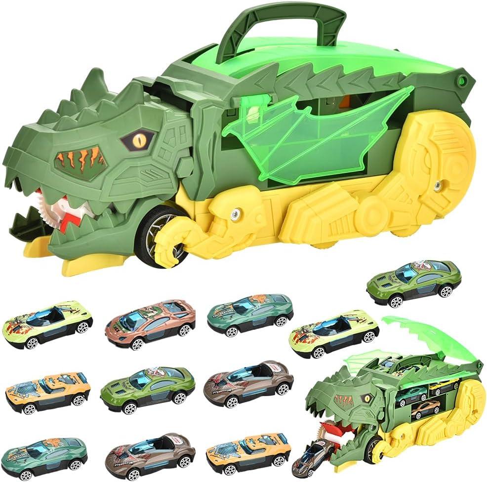 Ailejia Transformed Dinosaur Truck Toy with 11 Mini Pull Back Car, Dinosaur Eating Cars with Wings and Handle for Kids 3-5, Birthday Gifts Toys (Dark Green) (Dark Green)