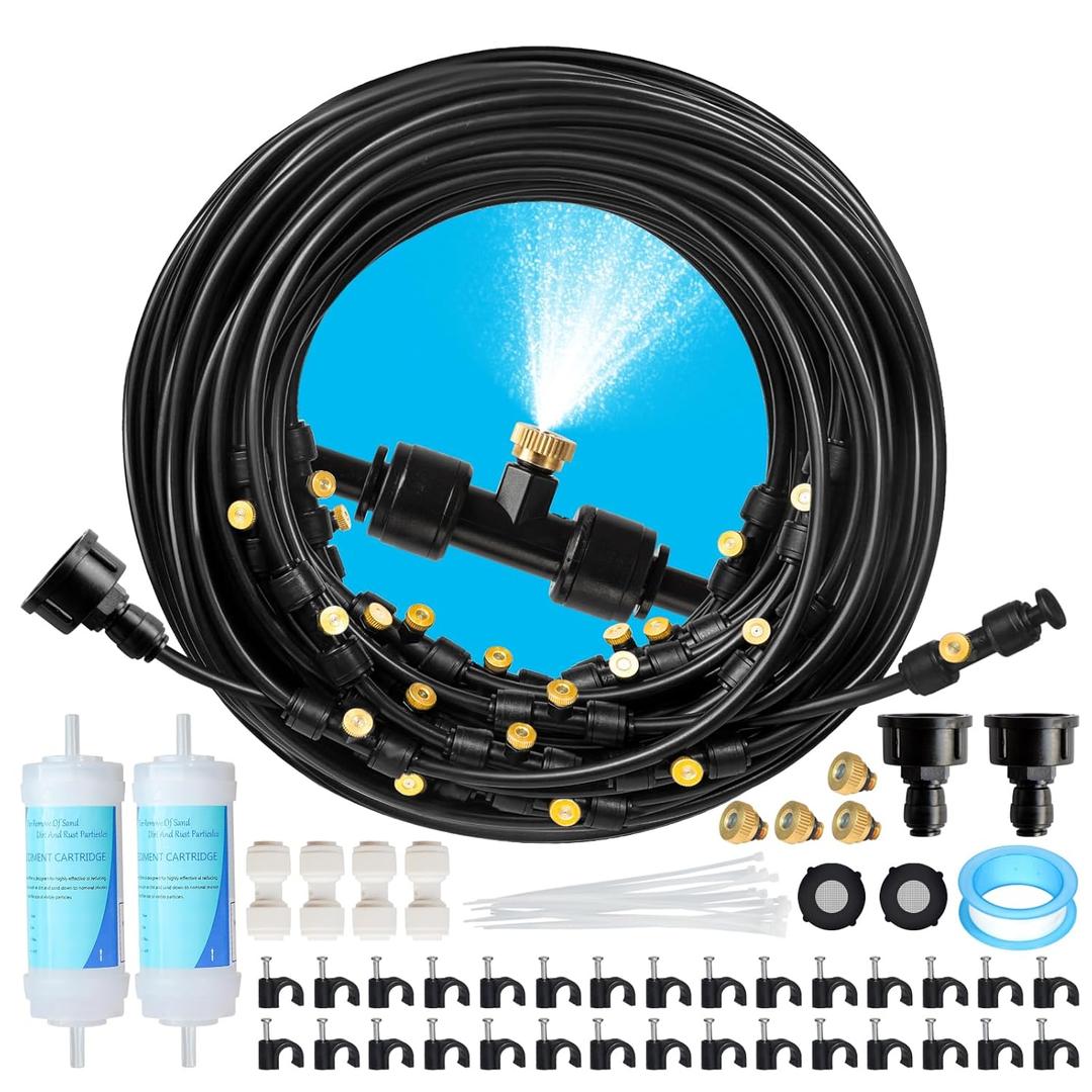 100FT Mister for Outside Patio Misting Cooling System, 100FT (30M) Misting Line+32 Brass Mist Nozzles+Water Filter, Outdoor Mister System for Garden Greenhouse Trampoline Waterparke