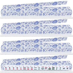 4 Pack Magnetic Chinoiserie Mahjong Tile Racks with Removable Acrylic Pushers, 18.5 Inch Length American Mahjong Racks Holders with Pattern, Fits All Tile Sets (Blue Floral)