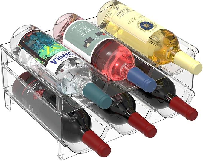 2 Tier Plastic Stackable Wine Rack for Refrigerator, Large Capacity Water Bottle Organizer for Cabinet Free-Standing Water Bottle Storage Rack for Fridge, Countertop, Pantry, Freezer