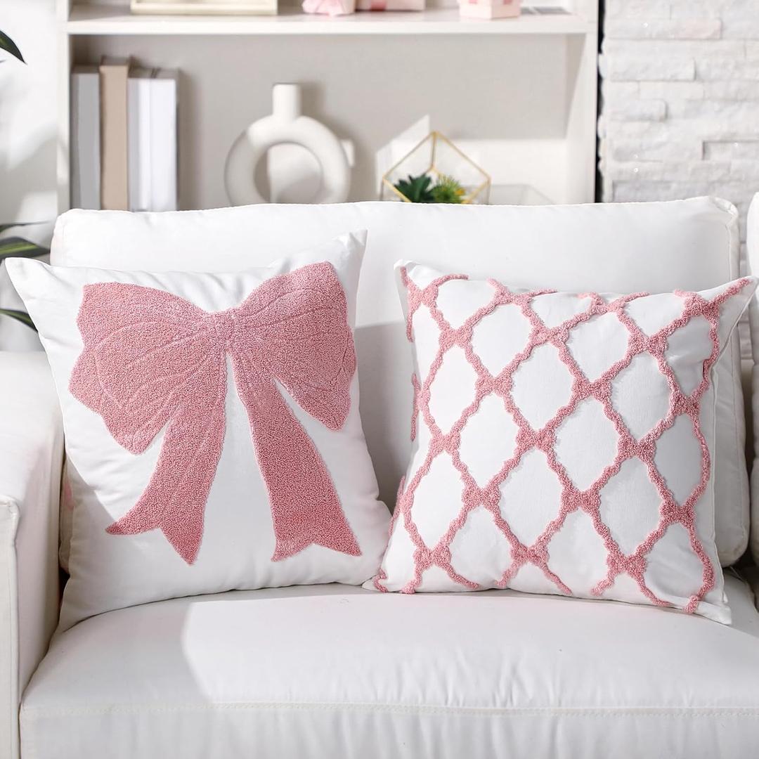 2 Pcs Pink Bow Coquette Pillow Covers Embroidered Pillow Cases 18x18 Set of 2 Pink Bow Decorations Embroidery Cushion Covers for Couch Sofa Bedroom Home Decor (Original)