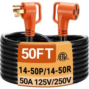 50 FT 50 Amp RV Extension Cord, Nema 14-50P to 14-50R, Flexible 4 Prong Heavy Duty RV Power Cord Waterproof Power Cord with Grip Handle & Organizer, 125/250V 6250/12500W STW
