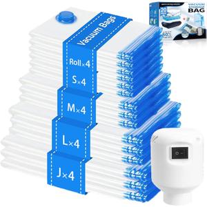 20 Pack Vacuum Storage Bags with Electric Pump, 4Jumbo/ 4Large/ 4Medium/ 4Small/ 4Roll Compression Space Saver Vacuum Seal Bags for Clothing Travel Luggage Comforters Blankets Pillows Bedding, Blue
