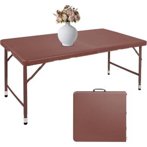 4 FT Folding Table with Carry Handle, Portable Fold-in-Half Plastic Table, Rectangle Foldable Table for Indoor/Outdoor Brown