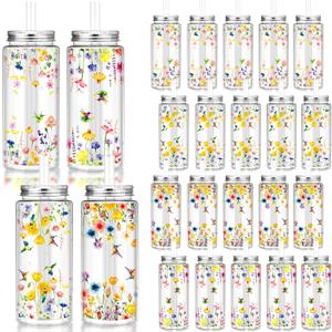 Honeydak 24 Pcs Plastic Cups with Lids and Straws Clear 13.5 oz Reusable Party Drinking Tumbler for Summer Halloween Party Decoration Supplies(Wildflower)
