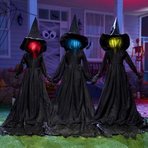 JOYIN Halloween Witch Decorations Outdoor Yard Stakes 3 Pack, 4.2 FT Multicolored Light Up Scary Flying Witch with Sound Activation, for Halloween Graveyard Lawn Yard Garden Decorations