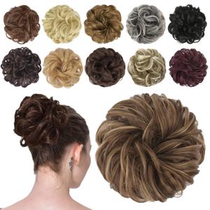FESHFEN Messy Bun Hair Piece - Wavy Synthetic Chignon Scrunchies for Instant Volume, Elastic Bun Ponytail Hair Extensions Thick Hairpieces for Women, Brown Mixed Honey Blonde 1.50 oz