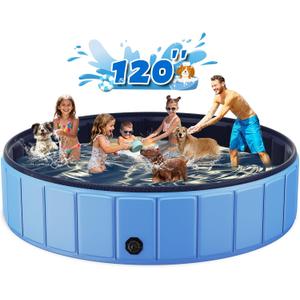 Extra Large Foldable Dog Pool for Giant Dogs, 120” Collapsible Hard-Side Dog Swimming Pool, Leakproof PVC Portable Pet Bath & Kiddie Pool, Non-Slip Bottom, Outdoor Backyard, Blue