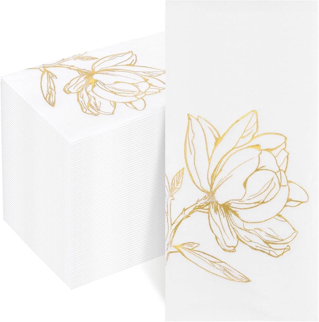 50 Pack Gold Magnolia Napkins - Gold Floral Disposable Napkins - Cloth-Like Feel Dinner Paper - Vintage Heavy Duty Hand Towels for Bathroom Wedding Holiday Party Bridal Decorative Towels