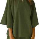 Tankaneo Womens Pajama Sets 3/4 Sleeve Oversized Tops and Elastic Waist Shorts Lounge Sets Loungewear, Size M