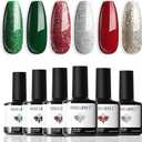 modelones Gel Nail Polish Set, 6 ColorsSparkle Dark Green Red Silver Champagne Rose Gold Glitter Gel Polish Kit New Year Soak Off Nail Art Manicure Salon DIY Home Gift
