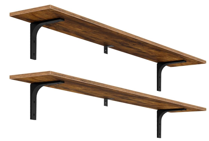 HOOBRO Floating Wall Shelves, 47.2 Inch Floating Shelves Set of 2, Wall Mounted Shelf Storage Shelves with Metal Brackets, for Living Room, Bedroom, Study, Bathroom, Rustic Brown and Black BF122BJP201