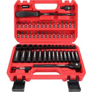 64-Piece 1/4" Drive Impact Socket Wrench Driver-Bits Set, Cr-V Metric(4-15mm) Deep&Shallow Socket Set, S2 Power Bits with Quick-Release Ratchet Handle, Universal Joint, Bit Holder, Power Drill Adapter