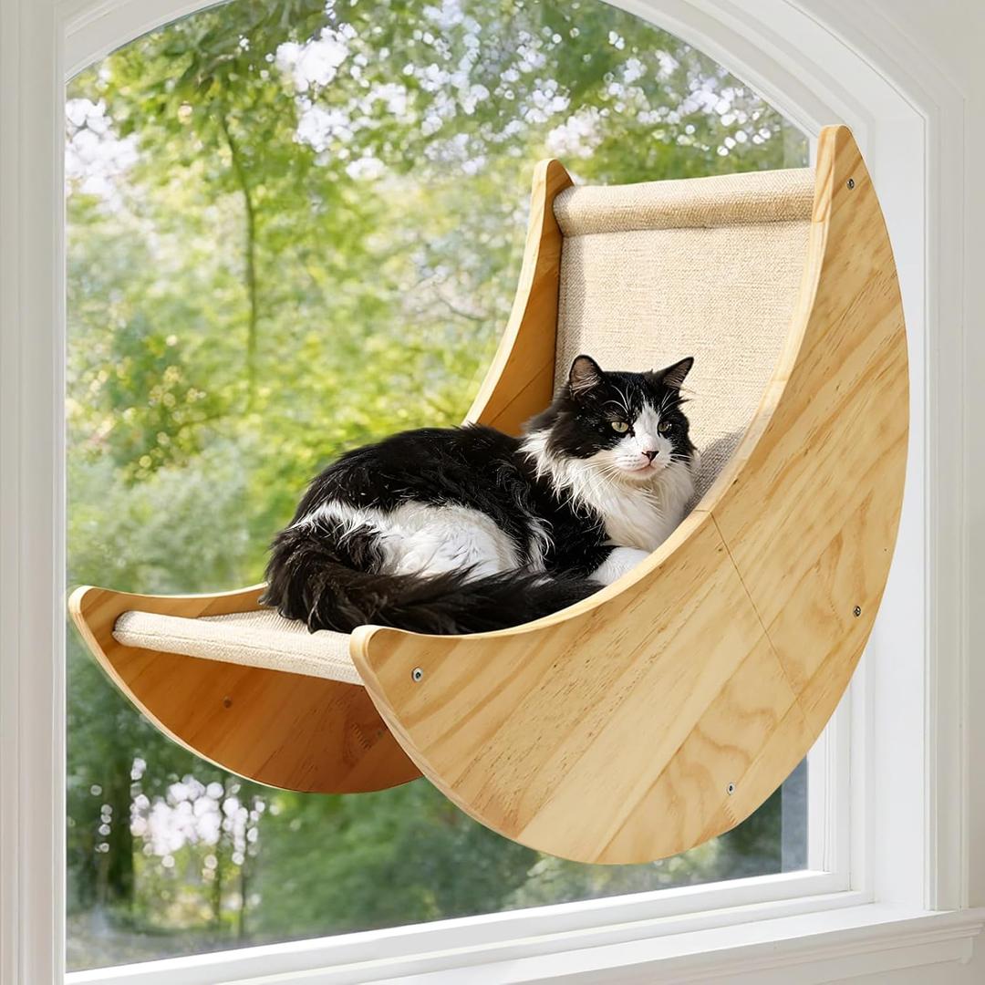 Wooden Cat Window Perch, Large Cat Window Bed with 4 Upgraded Suction Cups, Solid Wood Cats Window Hammock with Moon-Shaped Design, Pet Windows Seat for Indoor Cats