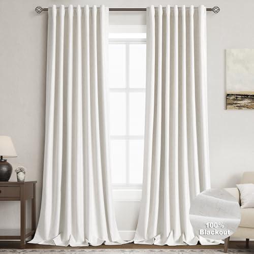 Cream 100% Blackout Linen Curtains for Bedroom 120 Inches Long Back Tab Thermal Insulated Neutral Boho Farmhouse Decor Black Out Curtain for Living Room Floor to Ceiling High Window 52x120, 1Panel