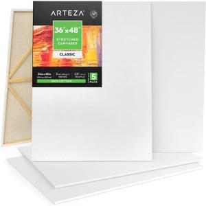 ARTEZA Stretched Canvas, 36 x 48 Inches, Pack of 5, Blank White Large Canvas for Painting for Acrylic, Oil and Gouache Paints