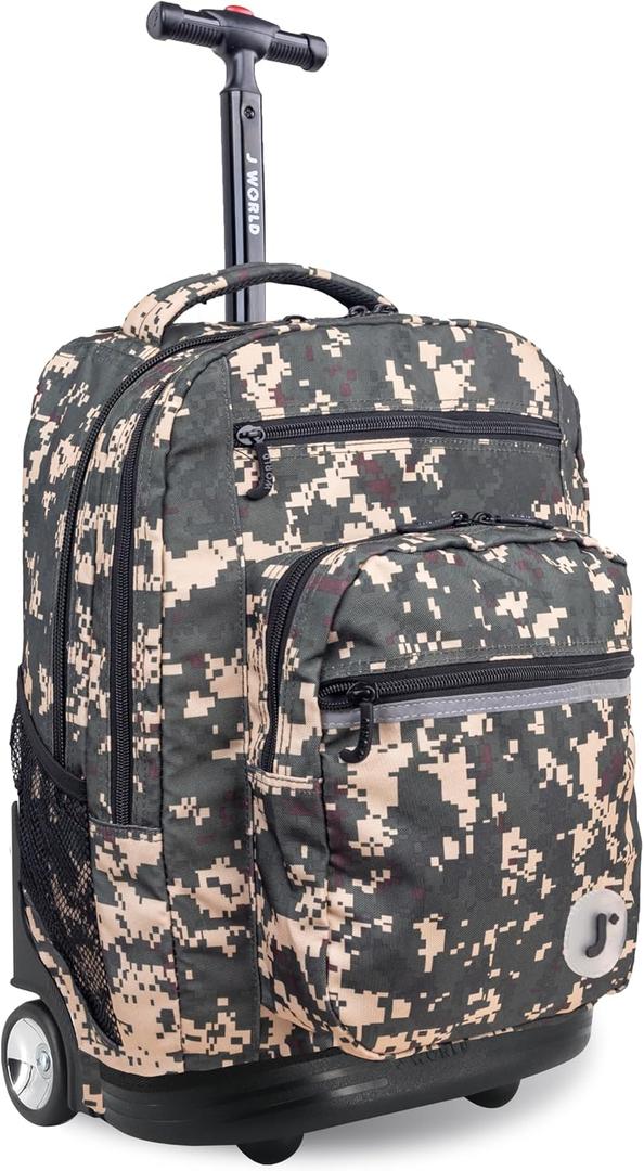 J World Sundance Laptop Rolling Backpack for Girls Boys. Roller Bookbag with Wheels, Green Camo, 20 Inch