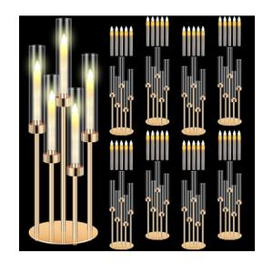 Tandefio 8 Set 5 Arm Gold Candelabra Table Centerpiece with LED Candle, 26.8" Tall Acrylic Cylinder Candle Holder with Lampshades Fit 0.8 for Wedding, Anniversaries, Dinner, Party, Easter, Home Decor