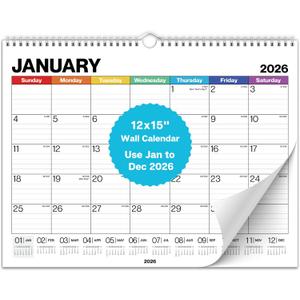 Dunwell 12x15 Wall Calendar 2026 (Colorful), Use Jan to Dec 2026, Large Lined 12 x 15 Monthly Calendar, Professional Styling for Home or Office, Premium Paper