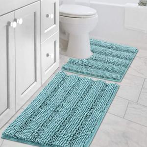 H.VERSAILTEX Bathroom Rugs Set 2 Piece Bathroom Contour Rug Toilet Mat Sets, Non Slip, Contou,r Ultra Thick, Water Absorbent, Striped Bath Rug, Washable(20" x 32" Plus 20" x 20" U, Aqua Haze)