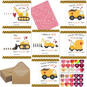 Construction Valentines Day Cards for Kids 30 PCS Cute Funny 4.7 * 3.6 Inch School Classroom Exchange Greeting Boys Girls Gift with Envelopes & Heart Stickers (Truck) (Yellow, Black, Red)
