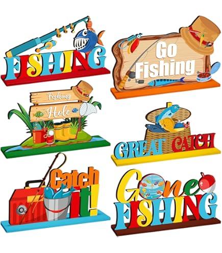 6 Pcs Gone Fishing Table Decorations Summer 3D Sign Table Decor Wooden Fishing Theme Centerpieces Detachable Topper Tiered Tray Decor for Summer Fisherman Birthday Party Supplies