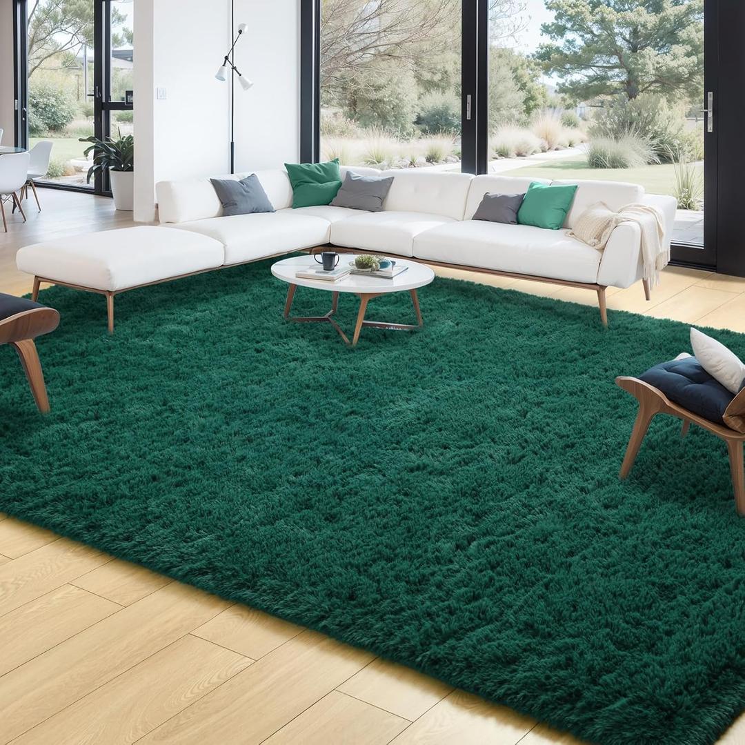 Merelax Soft Modern Indoor Large Shaggy Rug for Livingroom Bedroom Dorm Kids Room Home Decor, Non-Slip Plush Fluffy Furry Fur Area Rugs Comfy Nursery Accent Floor Carpet 9 x 12 Feet, Deep Green