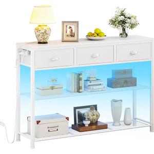 Furologee Console Table with Charging Station & 3 Fabric Drawers, 38'' Entryway Table with Storage Shelves and LED Light for Entry Way, Industrial Display Shelf for Hallway, Foyer, Rustic Brown | 3 Fabric Drawers, Storage Shelves, LED Light, Entry Way, Hallway