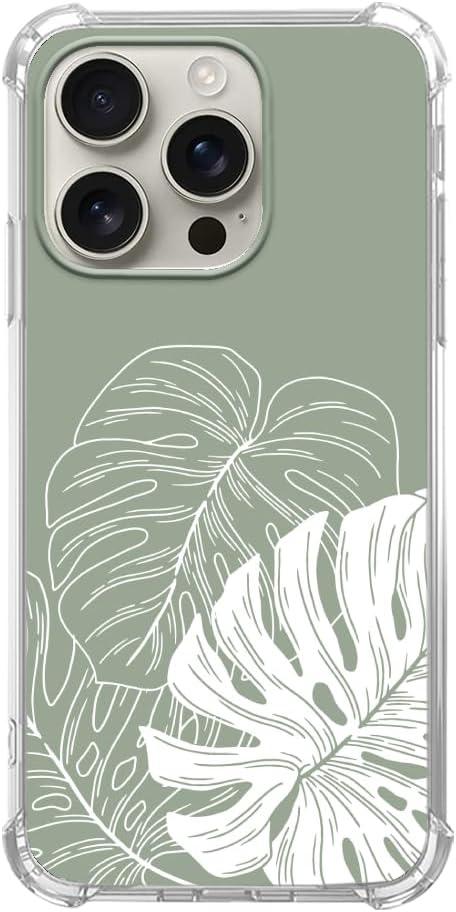 Aesthetic Green Tropical Monstera Leaf Phone Case Compatible with iPhone 16 Pro, Minimalist Line Art Palm Leaf Phone Case for iPhone 16 Pro, Cool Trendy TPU Bumper Case Cover