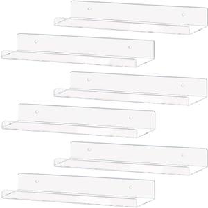 Weiai Clear Acrylic Shelf 15" Invisible Floating Wall Ledge Bookshelf, Kids Book Display Shelves Wall Mounted (15 Inch 6Pack)