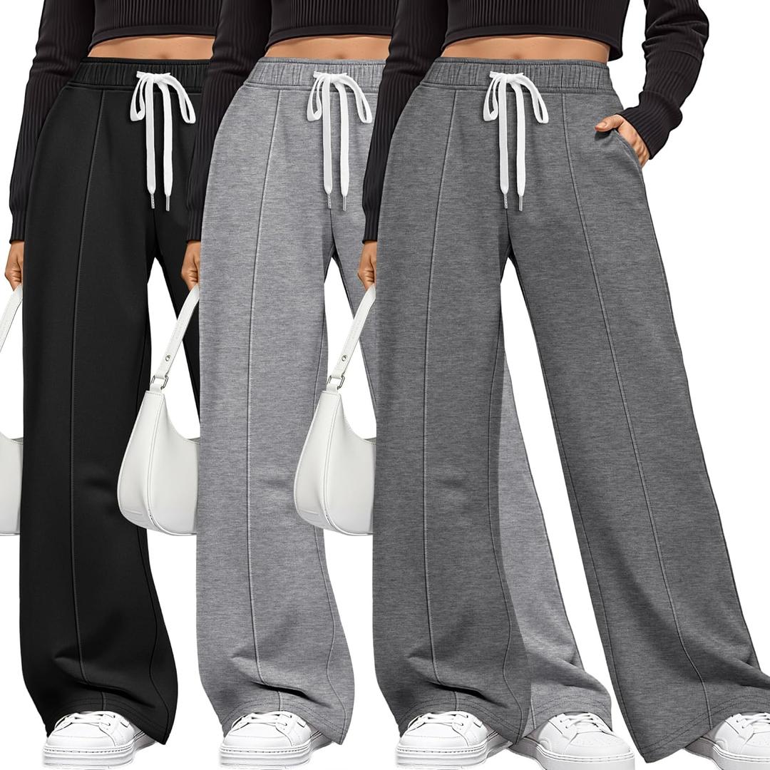 Neer 3 Pack Women Plus Size Pants Wide Leg Baggy Casual Palazzo Elastic Drawstring Pants Lounge Loose Sweatpants with Pockets (5X-Large, Dark Mixed Gray, Light Gray, Black)