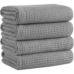 Microfiber Waffle Bath Towels, 4 Pieces, Soft, Absorbent, Fast Drying, Lint Free 430 GSM (Gray)