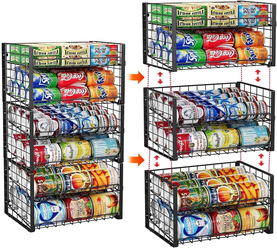 JKsmart 2-Tier Stackable Rack Organizer for Pantry, Adjustable Dispenser Holds Up to 88 Cans, Storage Holder for Various Ounces of Canned Drinks, Black, 3 Pack