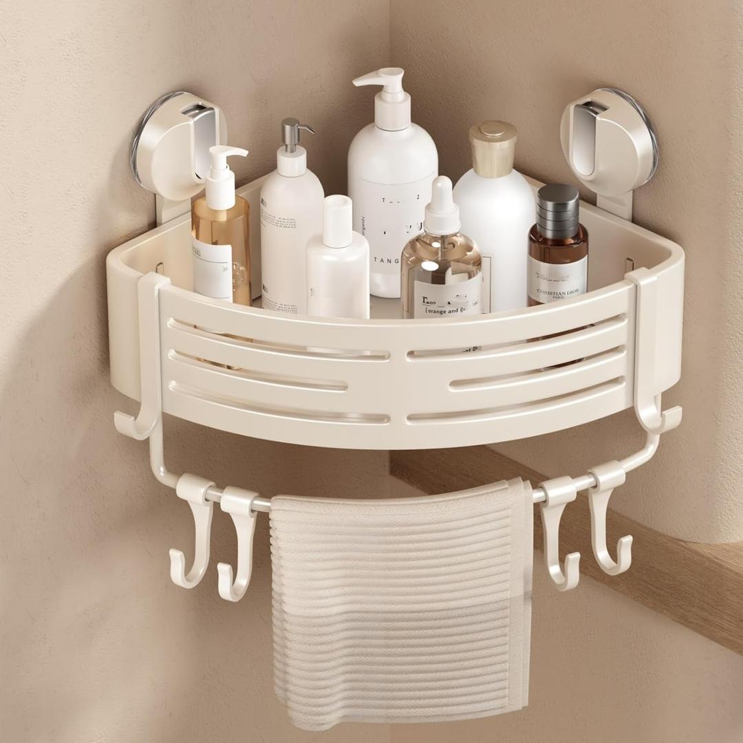 VOLPONE Corner Shower Caddy Suction Cup Shower Shelf Corner No Drilling Bathroom Shower Organizer Storage Rack Adhesive with Towel Bar Hooks(1-Pack, Ivory)