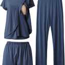 Rnxrbb 3 Piece Postpartum Nursing Pajamas Set Casual Soft Maternity Breastfeeding Pjs Sleepwear Loungewear Clothes Layer (Medium, Navy)