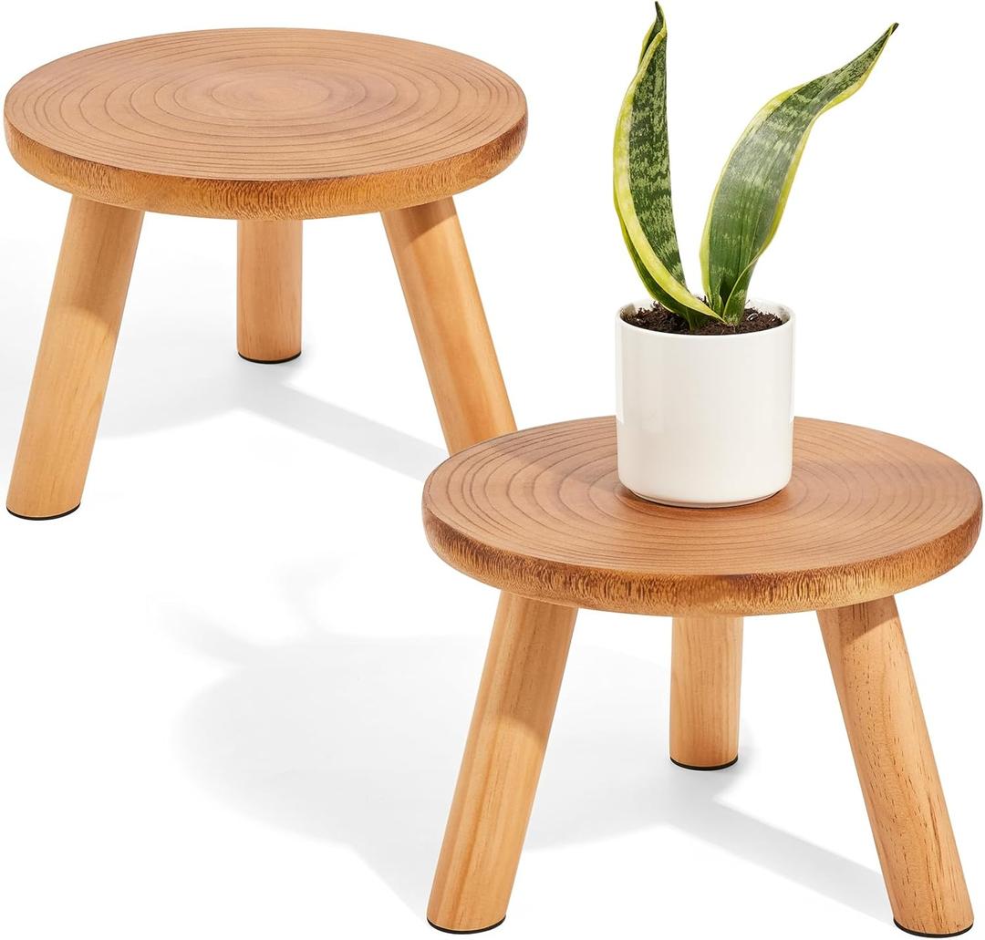 Yanbaga 2 Pack Wood Plant Stand Indoor, 11-12" Mid Century Modern Plant Stand Holder with Growth Ring, Plant Stool Display Stand for Flower Pots , Outdoor, Garden, Patio