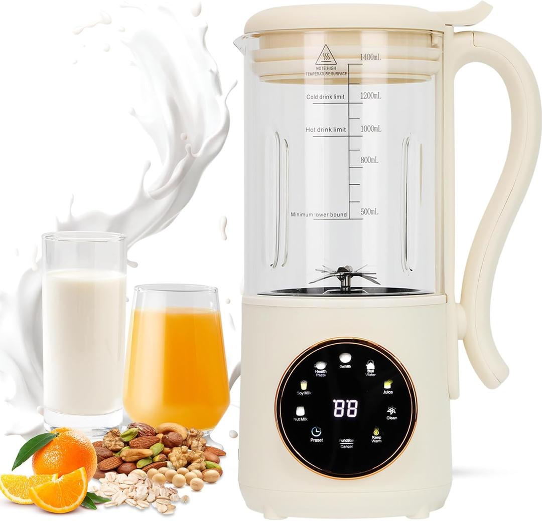 9 in 1 Automatic Soy Milk Maker, 47oz (1400ml) Nut Milk Maker, with Self-Cleaning, 16 Blades Makes Almond Milk, Oat Milk, Plant Milk, Juice with 24H Delay Timer, Boiling Water And Keep Warm Functi