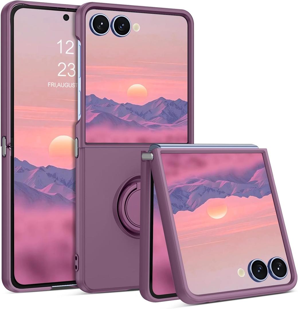 DOMAVER for Samsung Galaxy Z Flip 7 Case(2025 Released), Phone Case Galaxy Z Flip7 [with 360 Ring Holder] Stand, Soft Silicone Gel Rubber Bumper Shockproof Anti-Scratch Protective Cover, Purple