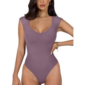 REORIA Butsmooth Women's Trendy Sexy Casual V Neck Double Lined Sleeveless Slimming Going Out Tank Top Bodysuits (M, Grey Purple)